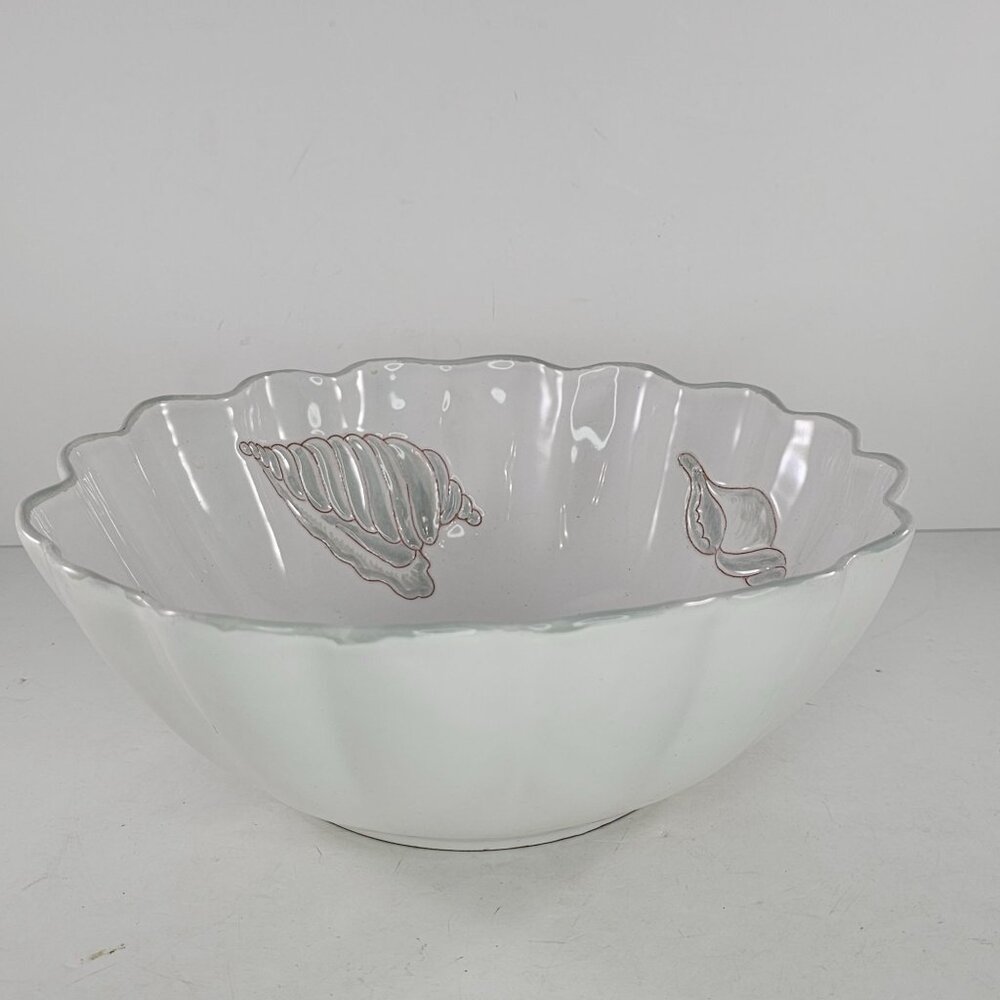 1970s Italian Majolica Palm Beach Style Seashell Embossed Serving Bowl Scalloped - Picture 6 of 8